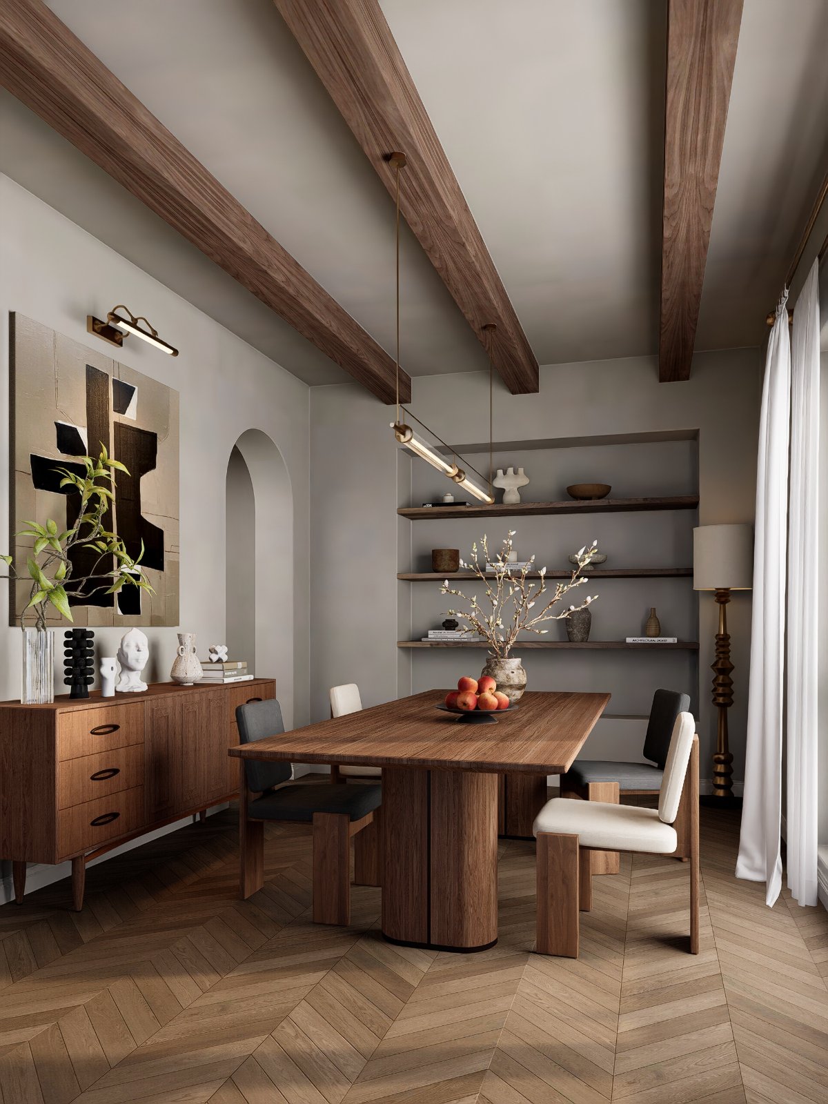 Dining room with walnut table and wood beams