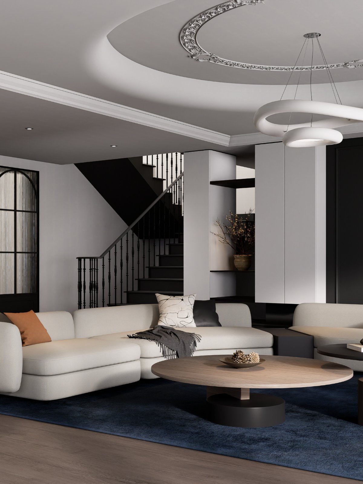 Two-storey living room with sculptural ceiling